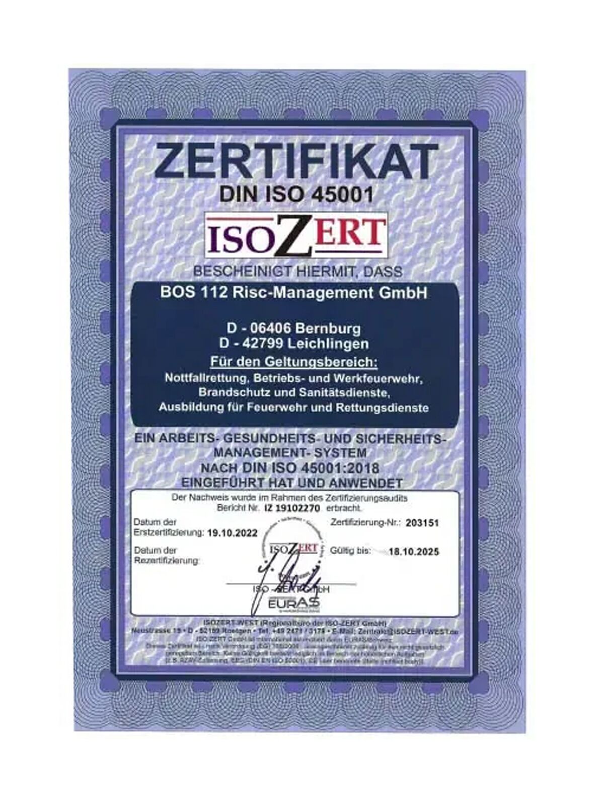 Zertifikate BOS112 Risc-Management GmbH