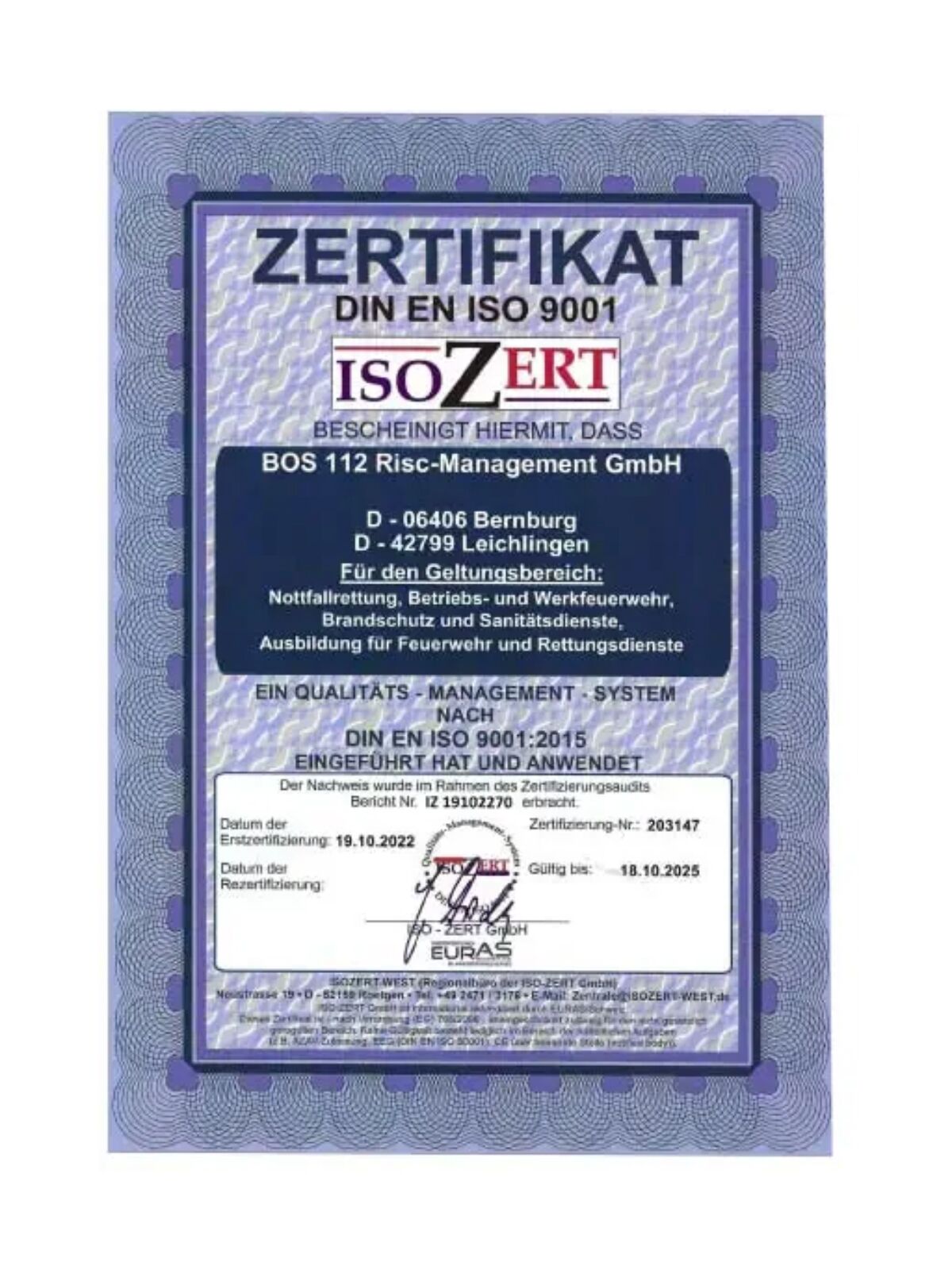 Zertifikate BOS112 Risc-Management GmbH